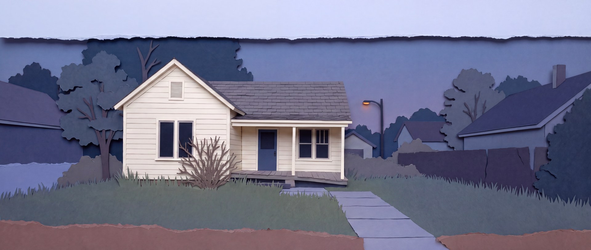 The house repainted, with a new front door and a repaired path.