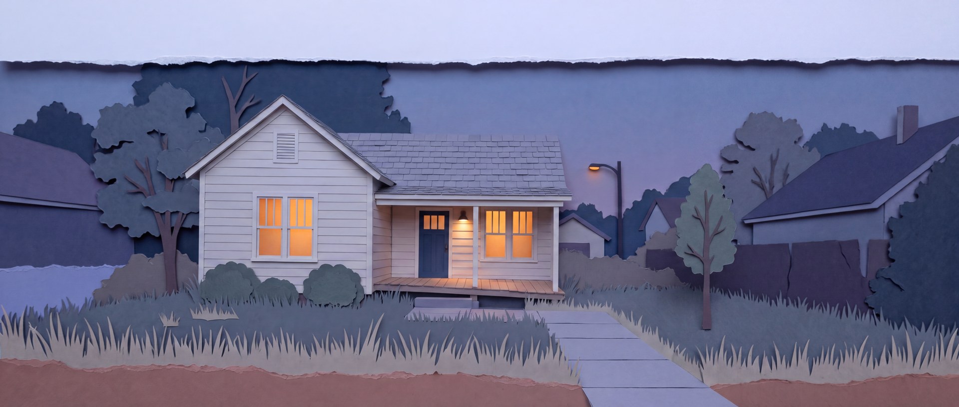 A cut-paper diorama of a renovated house at dusk with every window lit and a new path to the door.